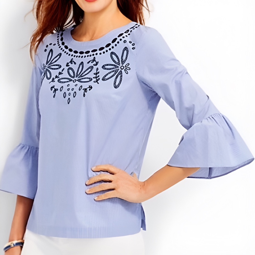Talbots Women’s Embroidered Neckline Flounce Sleeve Blouse SP Blue Stripe